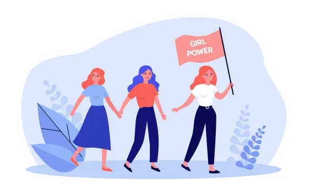 Vector illustration of Female activists marching with flag in parade together
