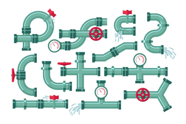 물 세트의 누설깨진 금속 파이프 - pipe water pipe pipeline steel stock illustrations