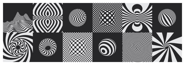 black and white pattern with optical illusion. 3d geometric striped rounded shape. sphere, torus and circle. abstract element for print or design. landscape background. vector illustration. - göz yanılması stock illustrations