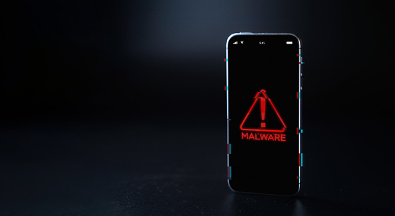 Hacker security cyber attack smartphone. Digital mobile phone isolated on black. Internet web hack technology. Login and password, cybersecurity banner concept
