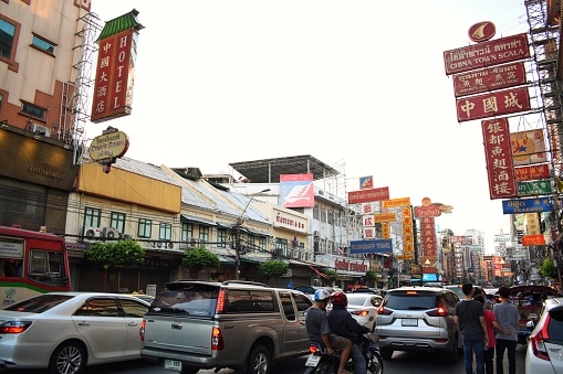 Yaowarat Road has been the main centre for trading by the Chinese community. This road has many narrow busy side streets/streets with food stalls, restaurant and market stalls.  Located in Bangkok, THAILAND.
