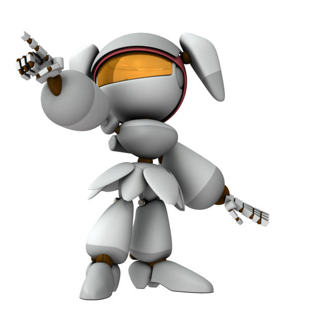 A female robot pointing to a goal. Expressing determination and clarifying purpose. Hope and ambition. A white robot with artificial intelligence. 3D rendering. Isolated white background.