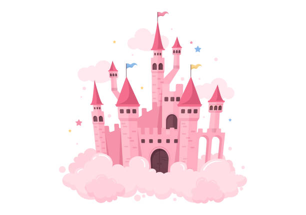 замок с величественной дворцовой архитектурой и сказочными пейзажами в мультяшном плоском стиле иллюстрация - turret stock illustrations