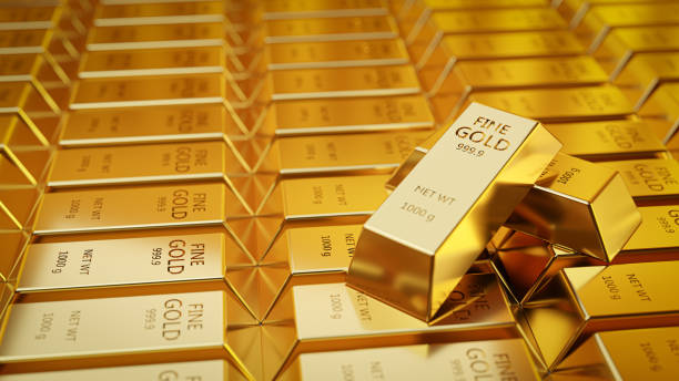 istock Close-up 3D animation view of fine gold bars. 1384445456