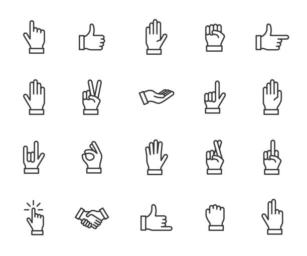 핸드 라인 아이콘의 벡터 집합입니다. 아이콘 승리, 좋아, 클릭, 바위, 주먹, 평화 등을 포함합니다. 픽셀 완벽. - touching human finger pointing human hand stock illustrations
