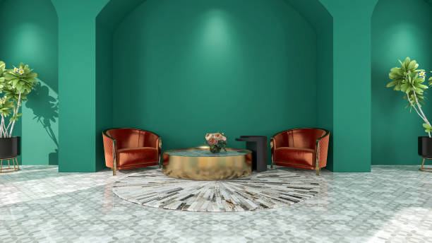 istock Green large lobby hall room interior with blank empty arch wall and furniture, 3d rendering 1384455996