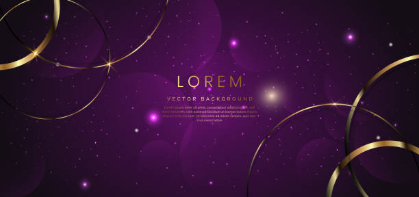 ilustrações de stock, clip art, desenhos animados e ícones de abstract golden circle lines overlapping on purple background with sparkle light effect. - circle glamour shiny glowing