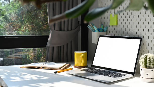 istock Home office desk with laptop computer, coffee cup, potted plant and pegboard. 1384460925
