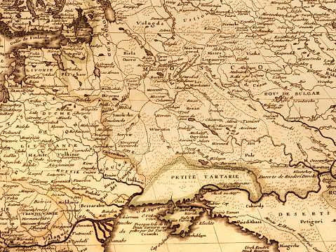 Old map, Ukraine and the area around the Black Sea. Photographed an original antique map printed in the 18th century.