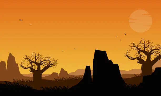 Vector illustration of Great mountain view from the village with the silhouette of dry trees around it