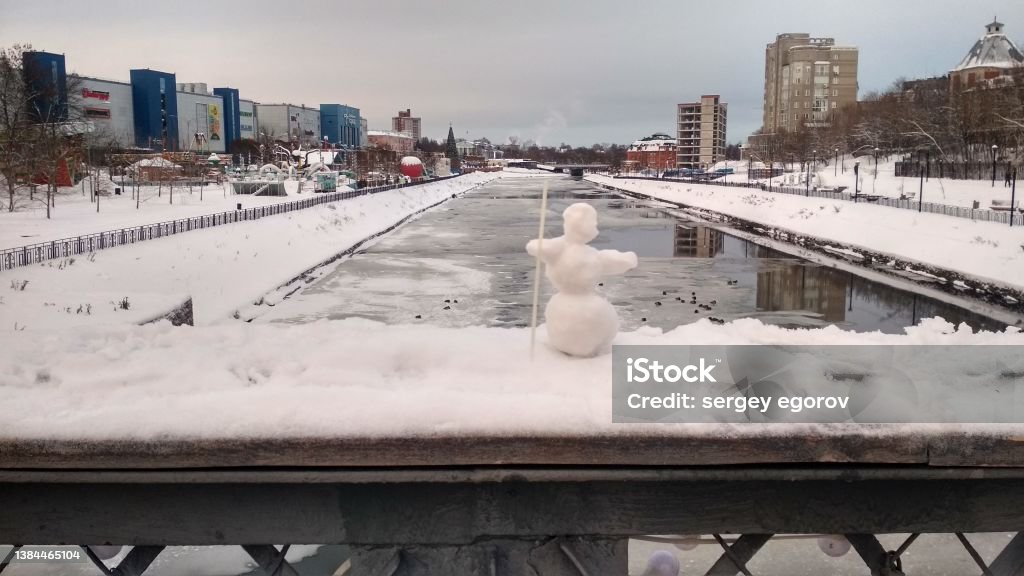 Snowman on the bridge over the river Uvod Ivanovo Architecture Stock Photo