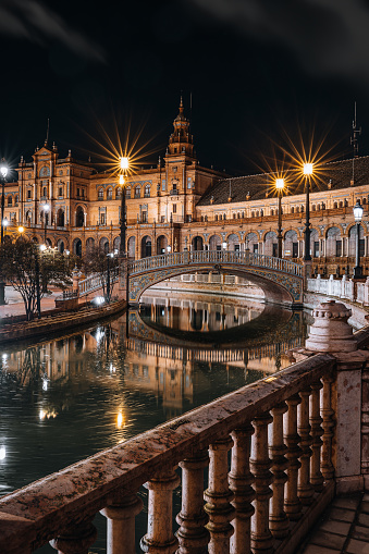 A night shot of Seville in Spain.