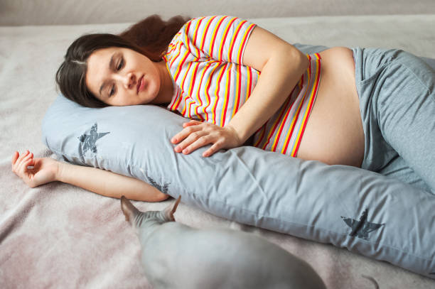 istock Young pregnant woman with maternity pillow is sleeping.. 1384471874