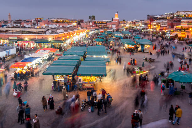 The Marrakech square at sunset time, Morocco stock photo