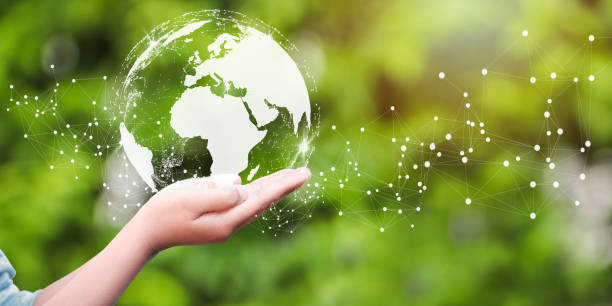 Woman holding icon of Earth stock photo