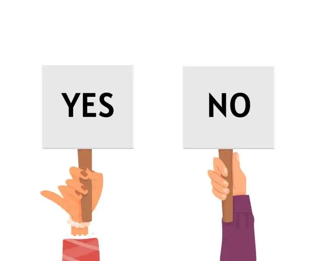 Vector illustration of Yes or no. Choice, hands holding banners with opinions. Answer, right or wrong icons. Positive or negative, correct or incorrect symbols, decent vector elements