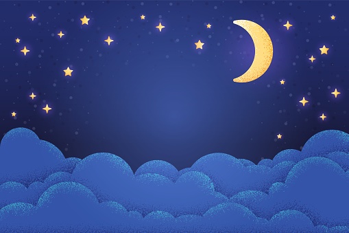 Night sky background. Lunar landscape with stars and clouds. Textured scene, artistic landscape with moon. Cute dark blue swanky vector design for baby. Illustration of sky lunar landscape