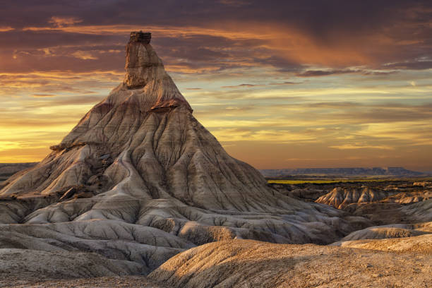 Sunset in Castildetierra, Bardenas Reales national monument, erosions formed by water and wind over millions of years, Navarra, Spain stock photo
