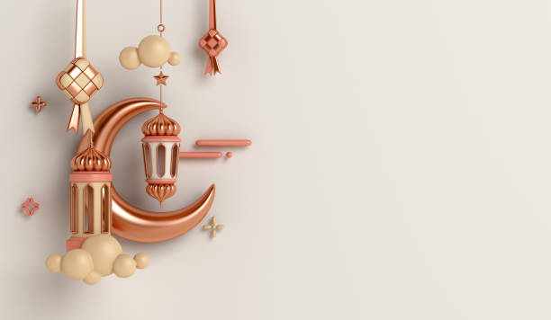istock Islamic decoration background with crescent moon lantern ketupat, copy space text, ramadan kareem, mawlid, iftar, isra  miraj, eid al fitr adha, muharram, 3D illustration. 1384498621