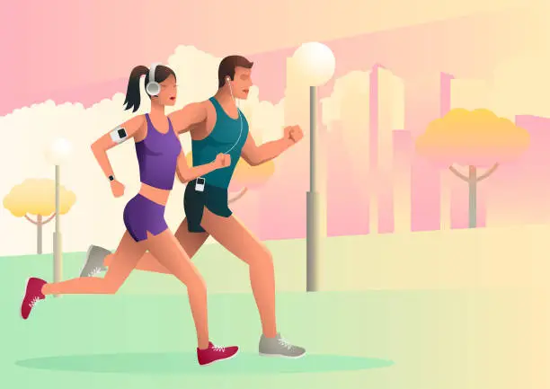 Vector illustration of Couple jogging and running outdoors in the park