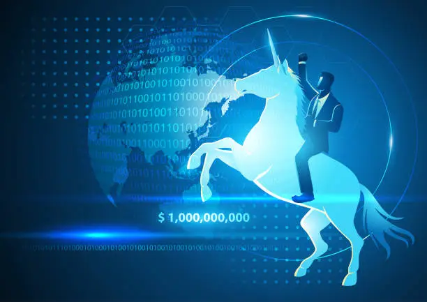 Vector illustration of Businessman riding a unicorn on futuristic background