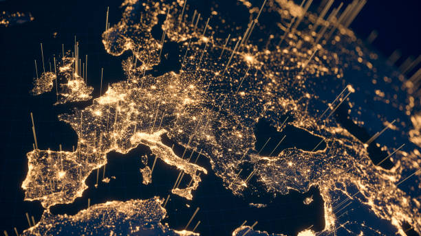 Global Communication Earth with city lights and communication lines view from space at night.
World map texture credits to NASA.
https://visibleearth.nasa.gov/view.php?id=55167 europe stock pictures, royalty-free photos & images