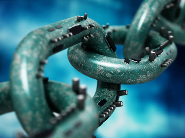 istock Electronic components on PCB textured chain parts. Blockchain and crypto currency concept 1384516174