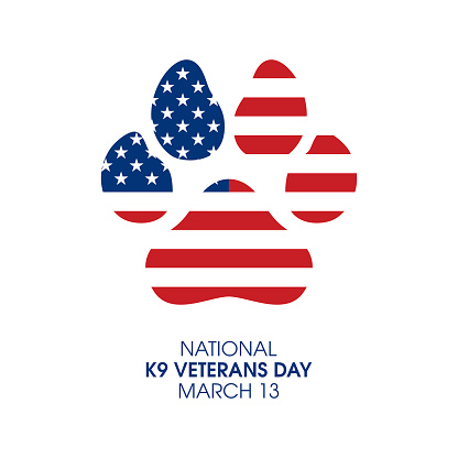 Dog paw print with american flag vector. Military working dog design element isolated on a white background. K9 Veterans Day Poster, March 13. Important day