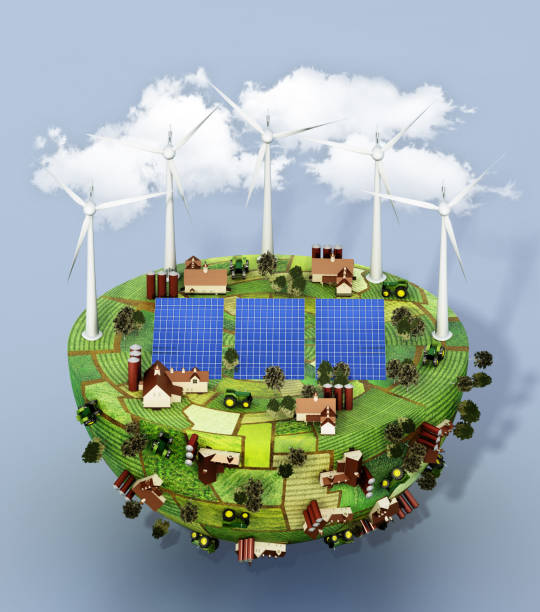 istock Solar panels, clouds and wind turbines on hemisphere covered with green fields and farms. Sustainability and agriculture concept. 1384518792