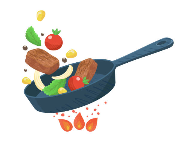 ilustrações de stock, clip art, desenhos animados e ícones de clip art of cooking, saute meat and vegetables, vector illustration - cooking