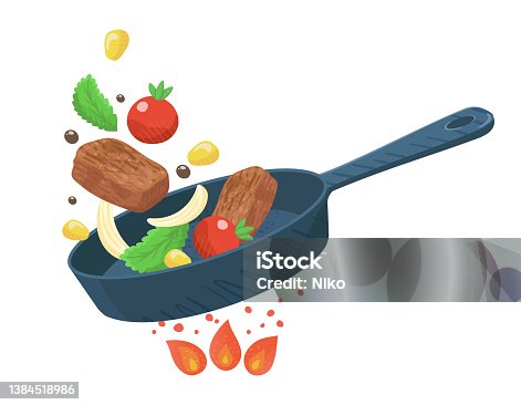 istock Clip art of cooking, Saute meat and vegetables, vector illustration 1384518986