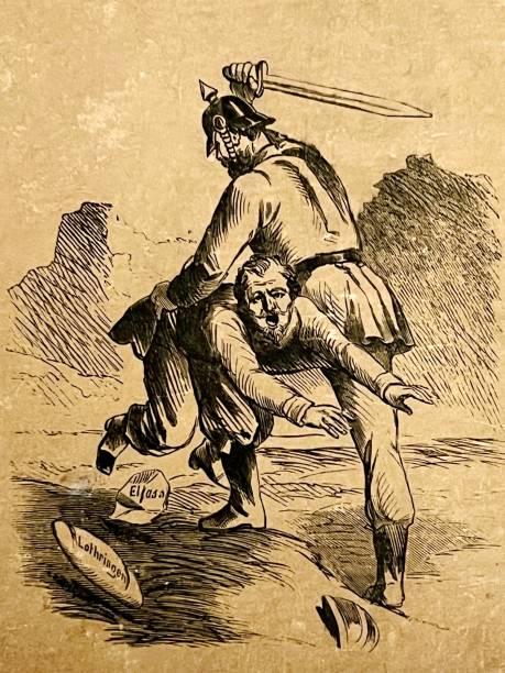 a prussian soldier spanks napoleon iii over alsace lorraine - popo tokatlamak stock illustrations