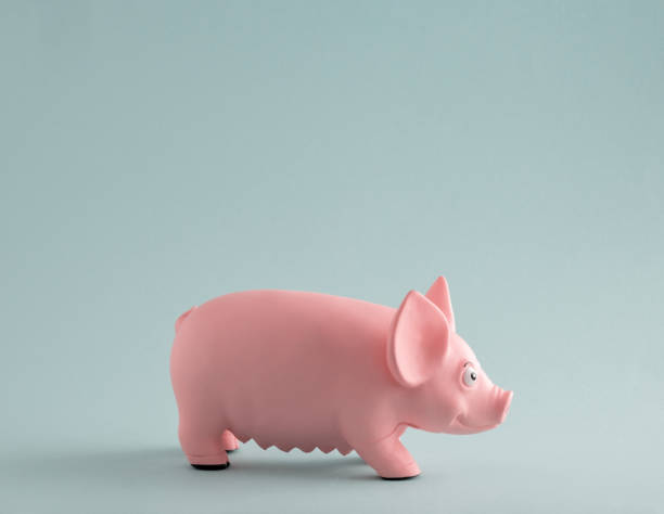 istock Minimal poster with pink pig on pastel blue background. 1384524267