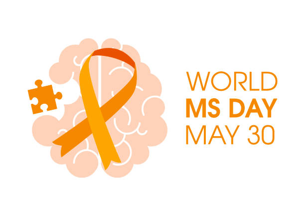 World MS Day vector Human brain with orange ribbon and with a puzzle piece icon isolated on a white background. Awareness raising campaign for Multiple Sclerosis vector. May 30. Important day sclerosis stock illustrations