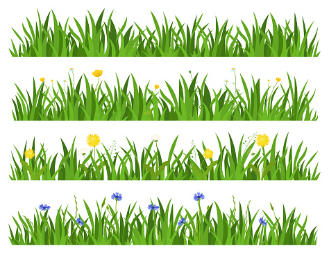 Fresh summer green cartoon grass with multicolored flowers background set vector flat illustration. Collection natural horizontal meadow lawn ecology lush herb floral environment. Botanical plant