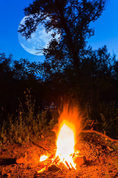 istock huge moon above  camp fire on forest glade, night outdoor camping scene 1384528445