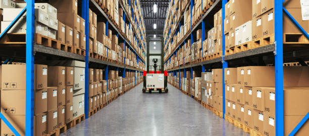 istock Warehouse Scene with High Shelves and Reach Fork Track. 1384530335