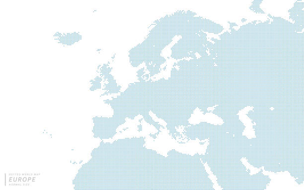 ilustraciones, imágenes clip art, dibujos animados e iconos de stock de mapa de puntos azules centrado en europa. - españa suecia