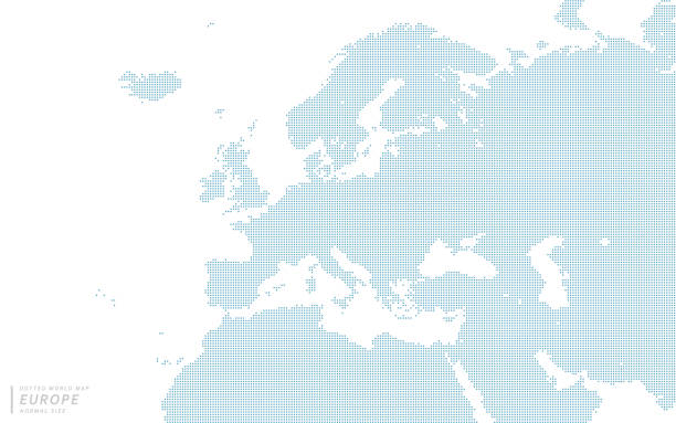 mapa z niebieskimi kropkami skoncentrowana na europie. - middle east illustrations stock illustrations