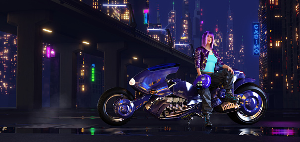 Cyberpunk biker girl. Futuristic cyberpunk night city scene. 3D illustration