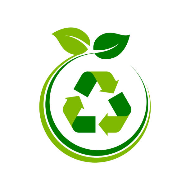 Recycle symbol inside circle with leaves. Zero waste concept. Sustainability idea. Green recycling sign. Reduce, reuse, recycle. Biodegradable, compostable icon. Vector illustration, flat, clip art. recycling symbol stock illustrations