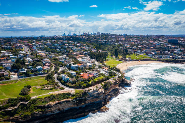Aerial drone view of iconic Bronte Beach and nearby coastline in Sydney stock photo