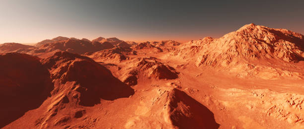 istock Mars planet landscape, 3d render of imaginary mars planet terrain 1384544019