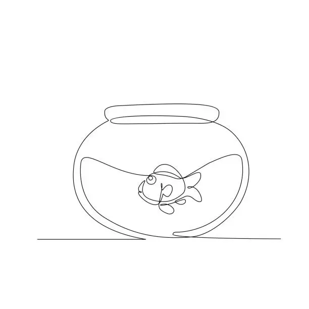 Vector illustration of Continuous single line drawing, fish in glass bowl, simple concept for hobby, t-shirt printing and happy Nowrus theme. vector illustration.