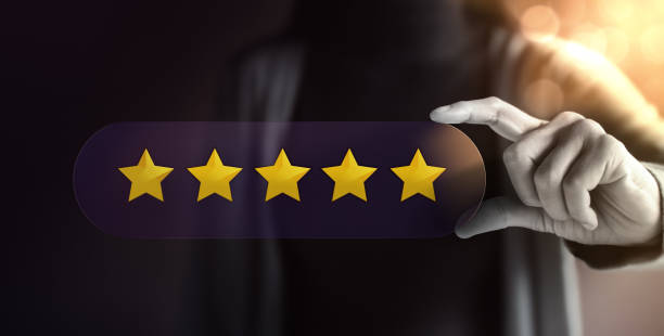 istock Customer Experience Concept. Happy Client Woman Giving Positive Review on Card. Feedback Five Star Rating . Client's Satisfaction Surveys. Marketing Strategy 1384548178