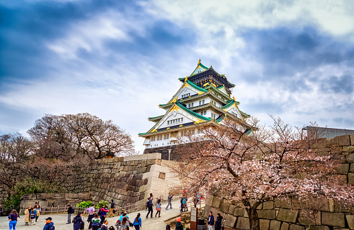 Osaka, Japan - March 28, 2019 : Osaka castle and tourist people in spring before cherry blossom