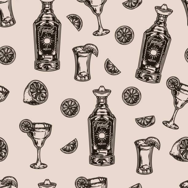 모노크롬 데킬라 빈티지 매끄러운 패턴 - shot glass mexican culture lime alcohol stock illustrations