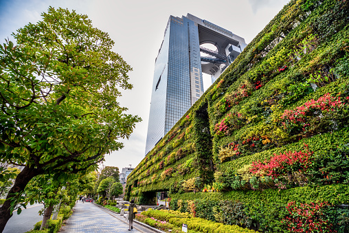 Osaka, Japan - March 28, 2019 : vertical garden in front of Umeda Sky Building is a pair of skyscrapers connected in midair built in an unusual architectural form, one of the city's most recognizable landmarks