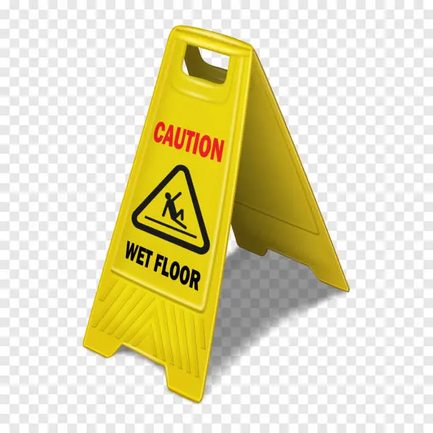 Vector illustration of Wet floor caution sign on transparent background - vector illustration. Double-sided folding yellow display with editable design