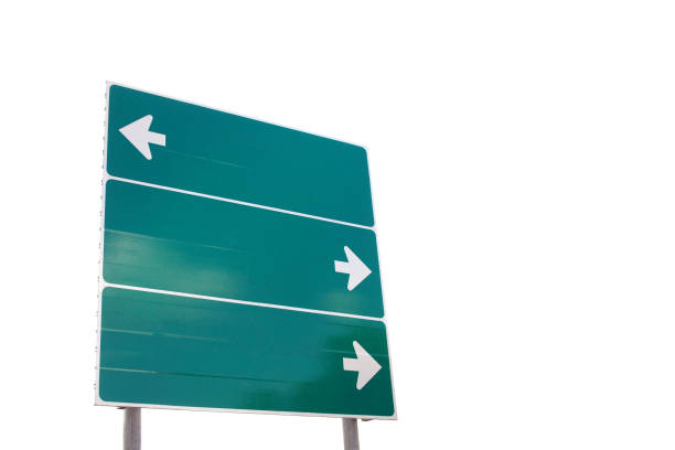 blank green road signs with white direction arrow isolated on white background - street post imagens e fotografias de stock